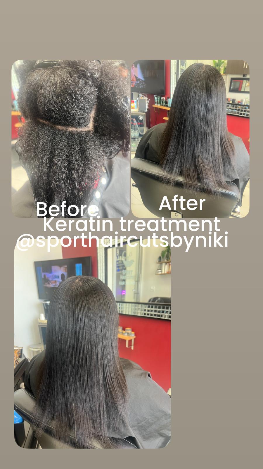 Keratin treatment before and after: frizzy hair transformed into smooth, sleek straight hair